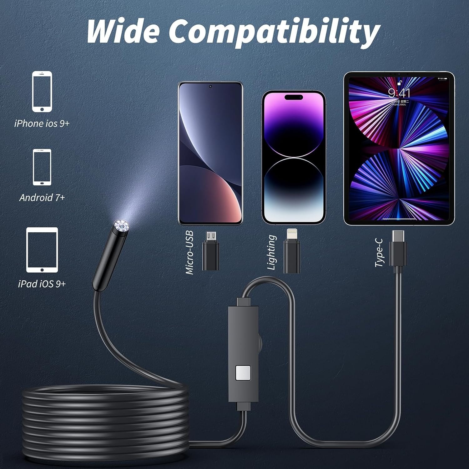 16.4ft HD Endoscope Camera 1920P Borescope Inspection Snake Tool iPhone Android