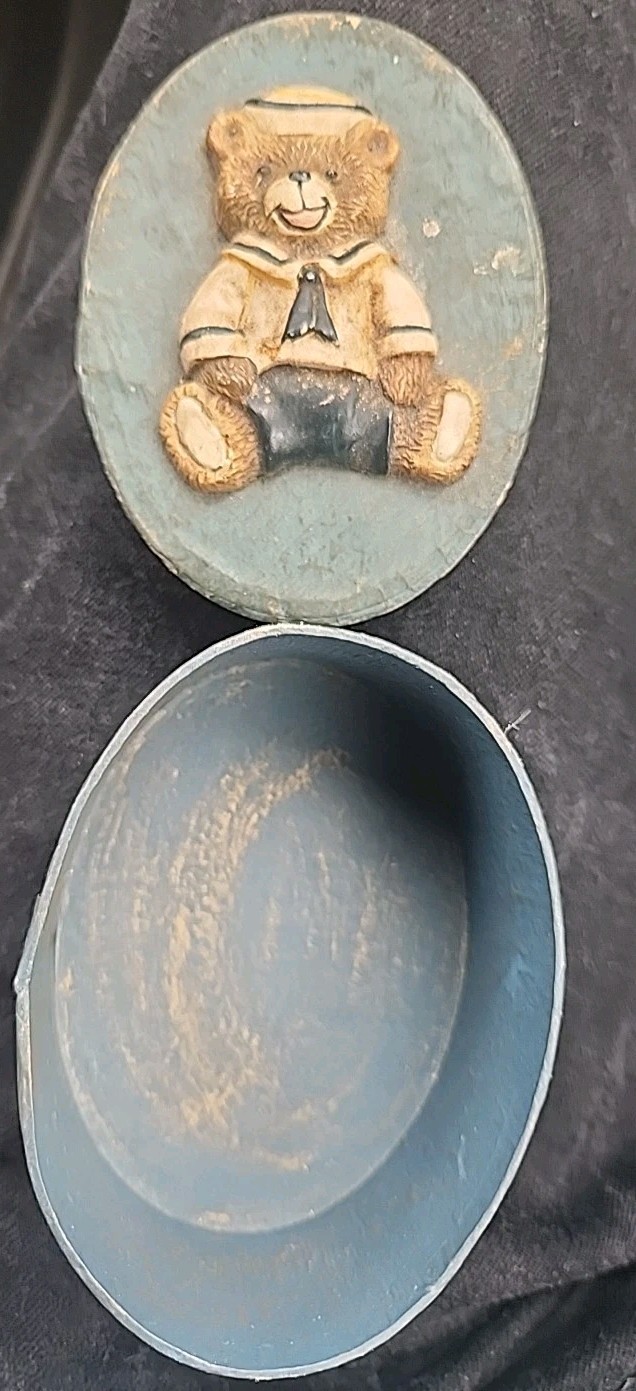 Navy Bear Oval Trinket Box