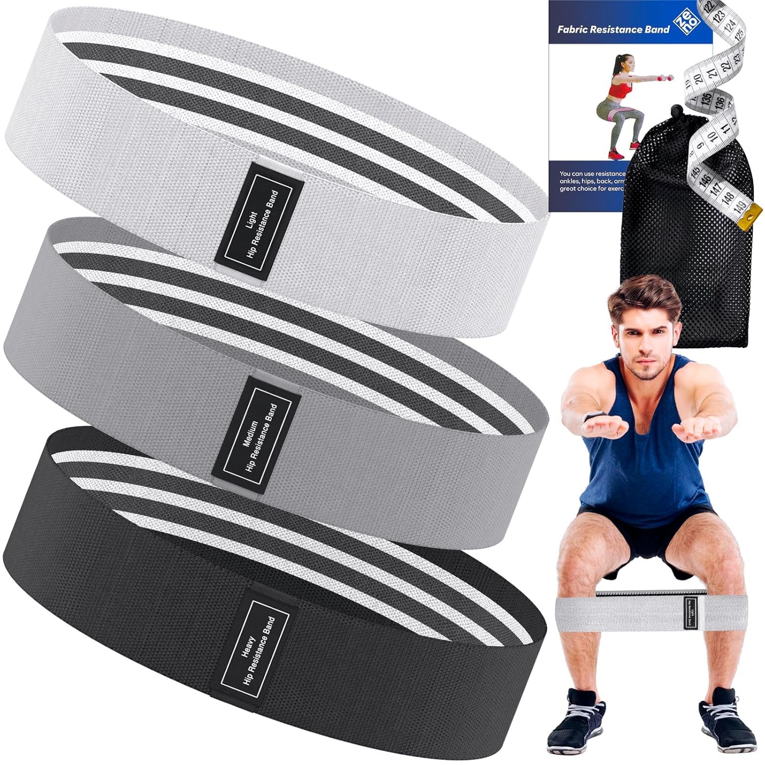 Black Fabric Resistance Bands 3 Strength Levels Non Slip Home Workout Equipment