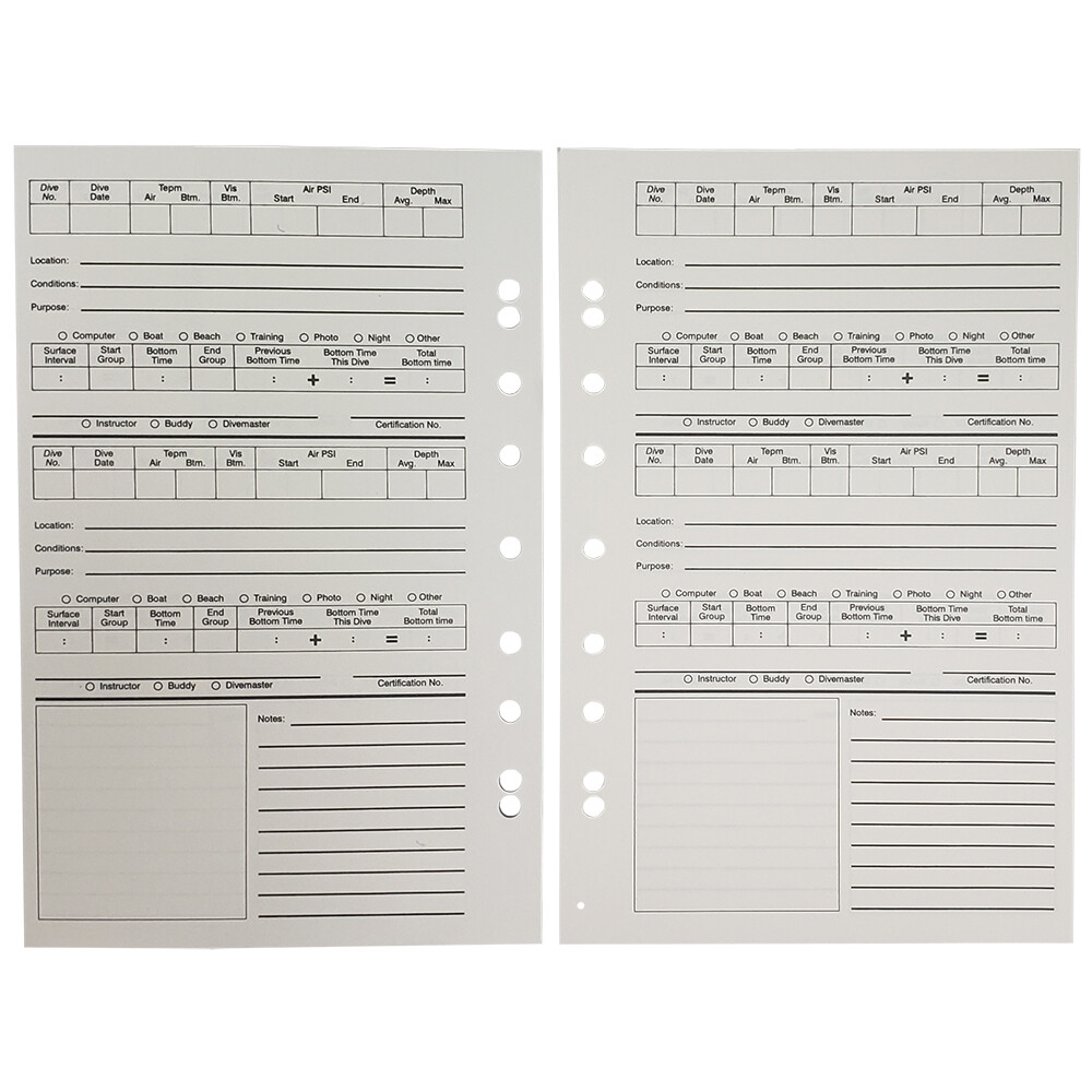 Scuba Diving Log Book Log Pages Refill, 25 Dive Log Refill Pages