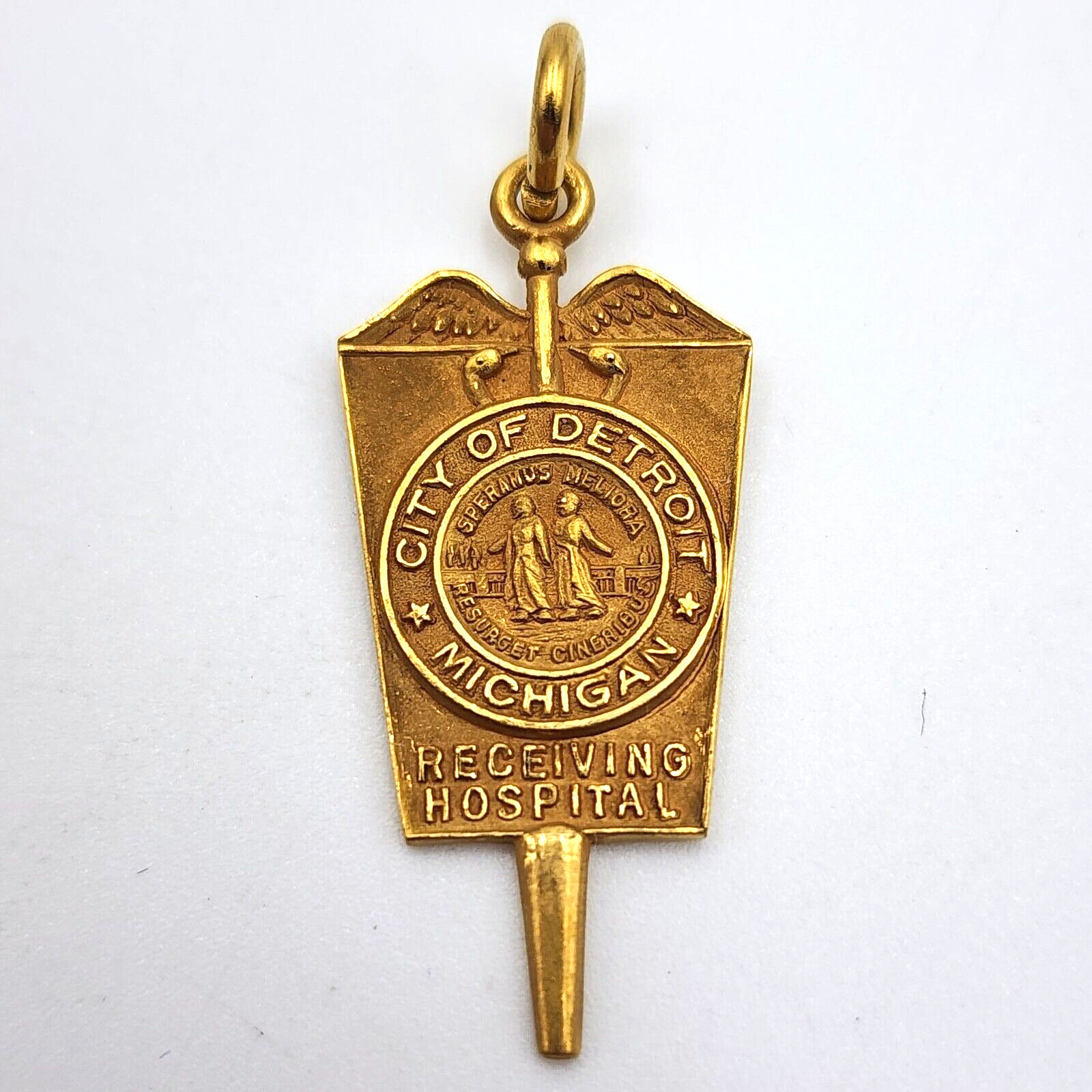 1920's Detroit Receiving Hospital City Seal Caduceus 14k Gold, Fob Charm Pendant