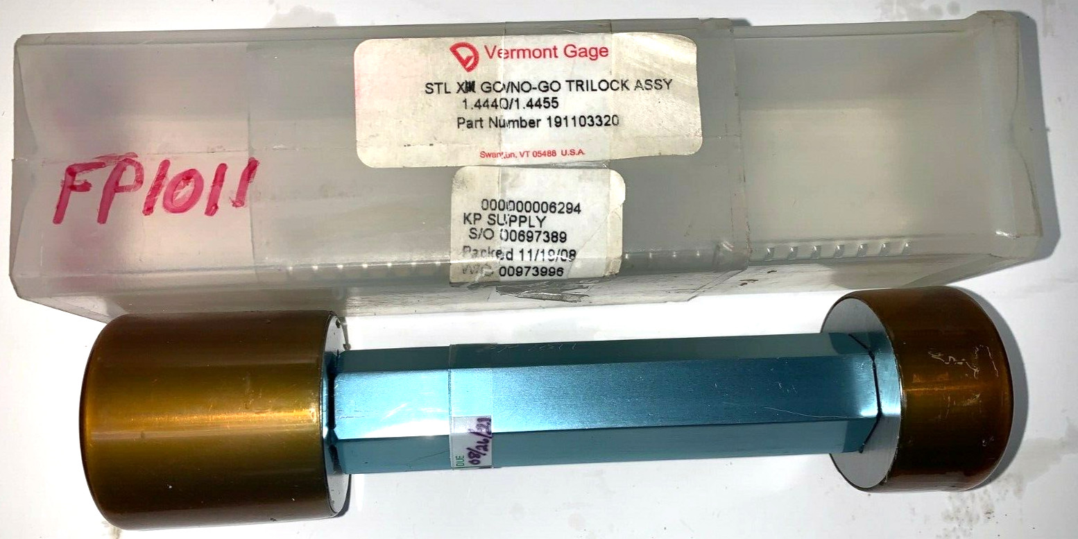 VERMONT GAGE GO/NO-GO TRILOCK ASSY 191103320 1.4440" X 1.4455" END 3-15/16" BODY