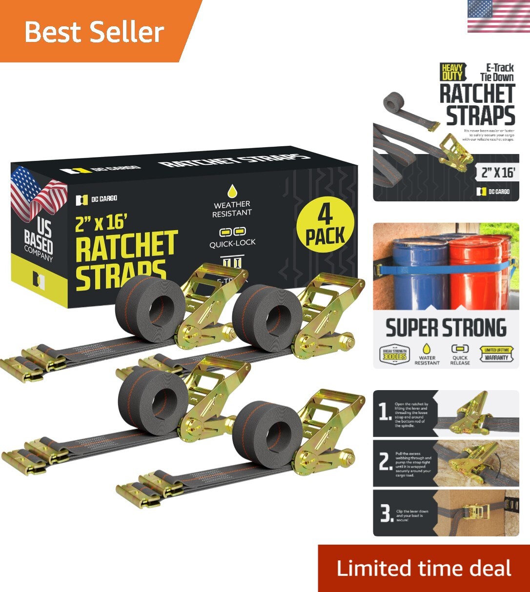 4-Pack 2" x 16" E-Track Ratchet Straps - 3,000 lbs Capacity for Safe Transport