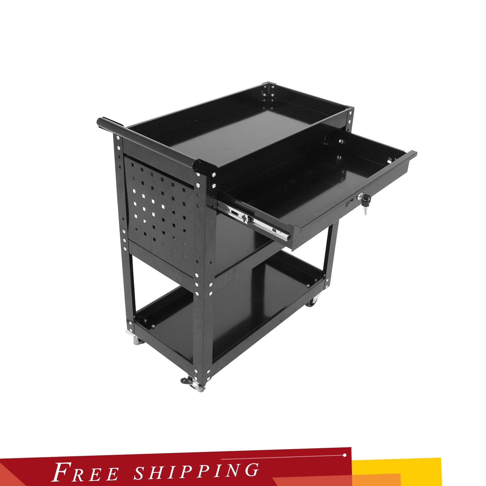3 Tier Rolling Tool Cart Heavy Duty Mechanic w/ Pegboard & Drawer Lockable Wheel