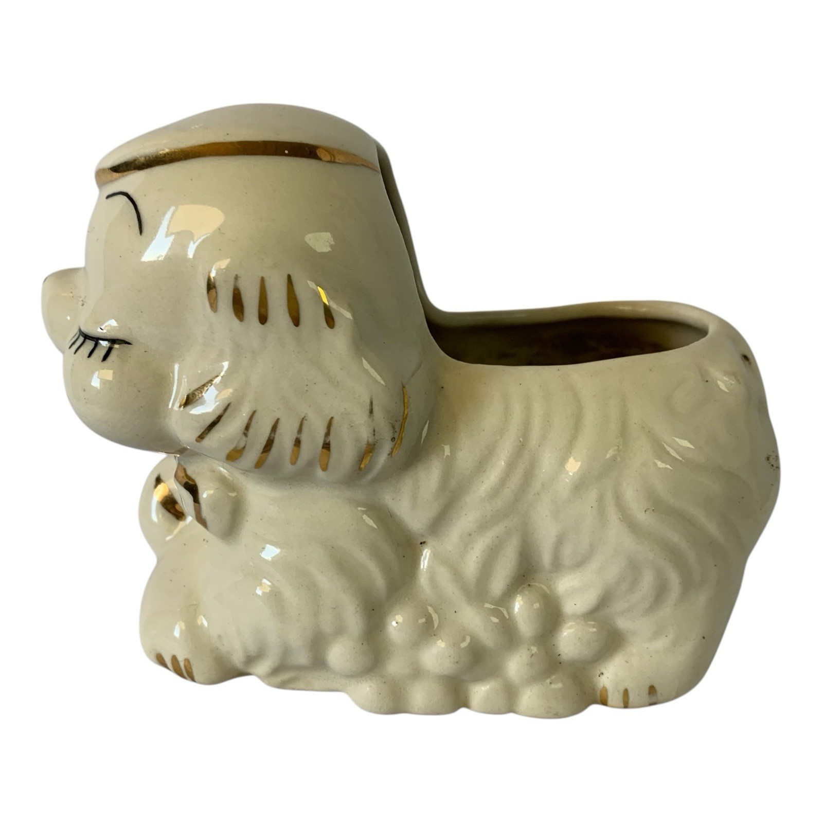 Vintage Ceramic Puppy Planter Gold Trim Cute Dog Figurine Pot