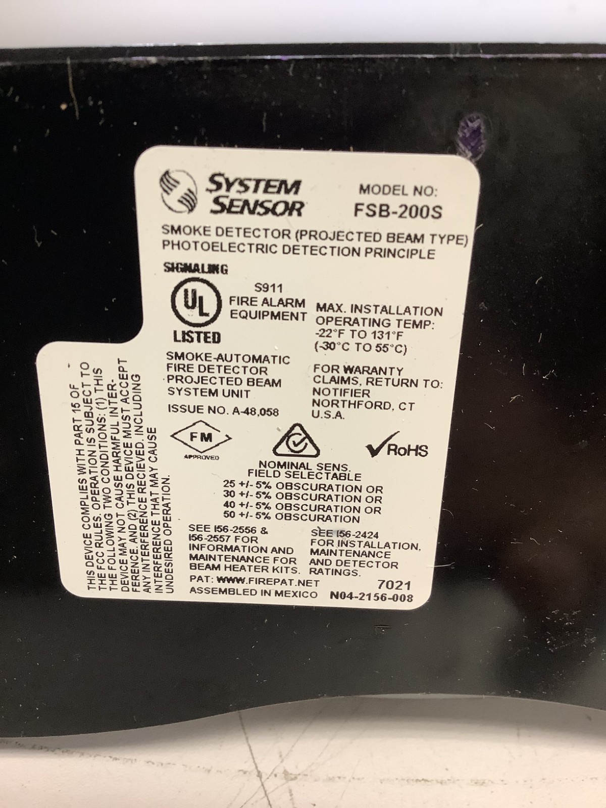 System Sensor FSB-200S Smoke Detector (N04-2156-008), Black RD-O4B