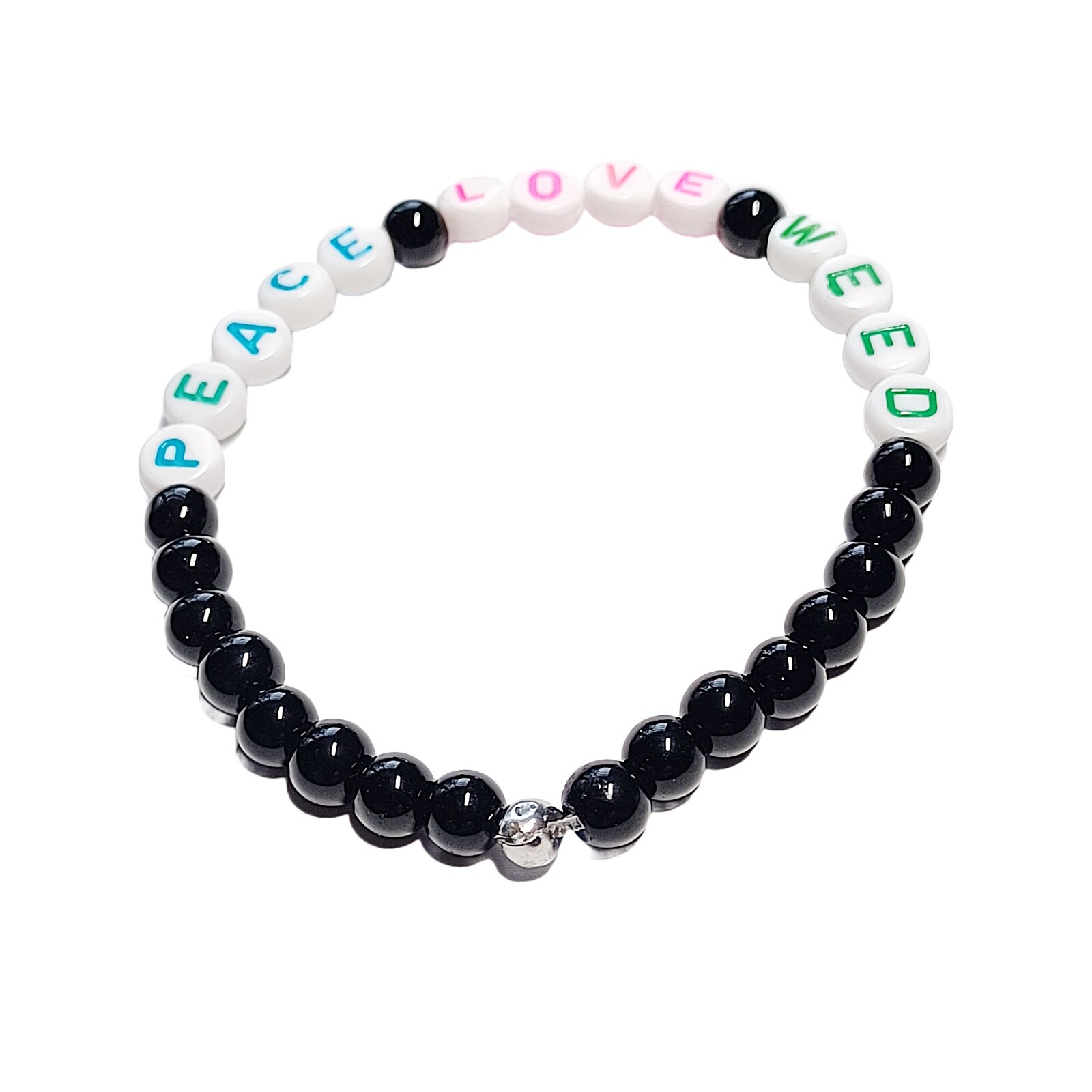 Black Beaded Bracelet with Peace, Love, Weed Lettering