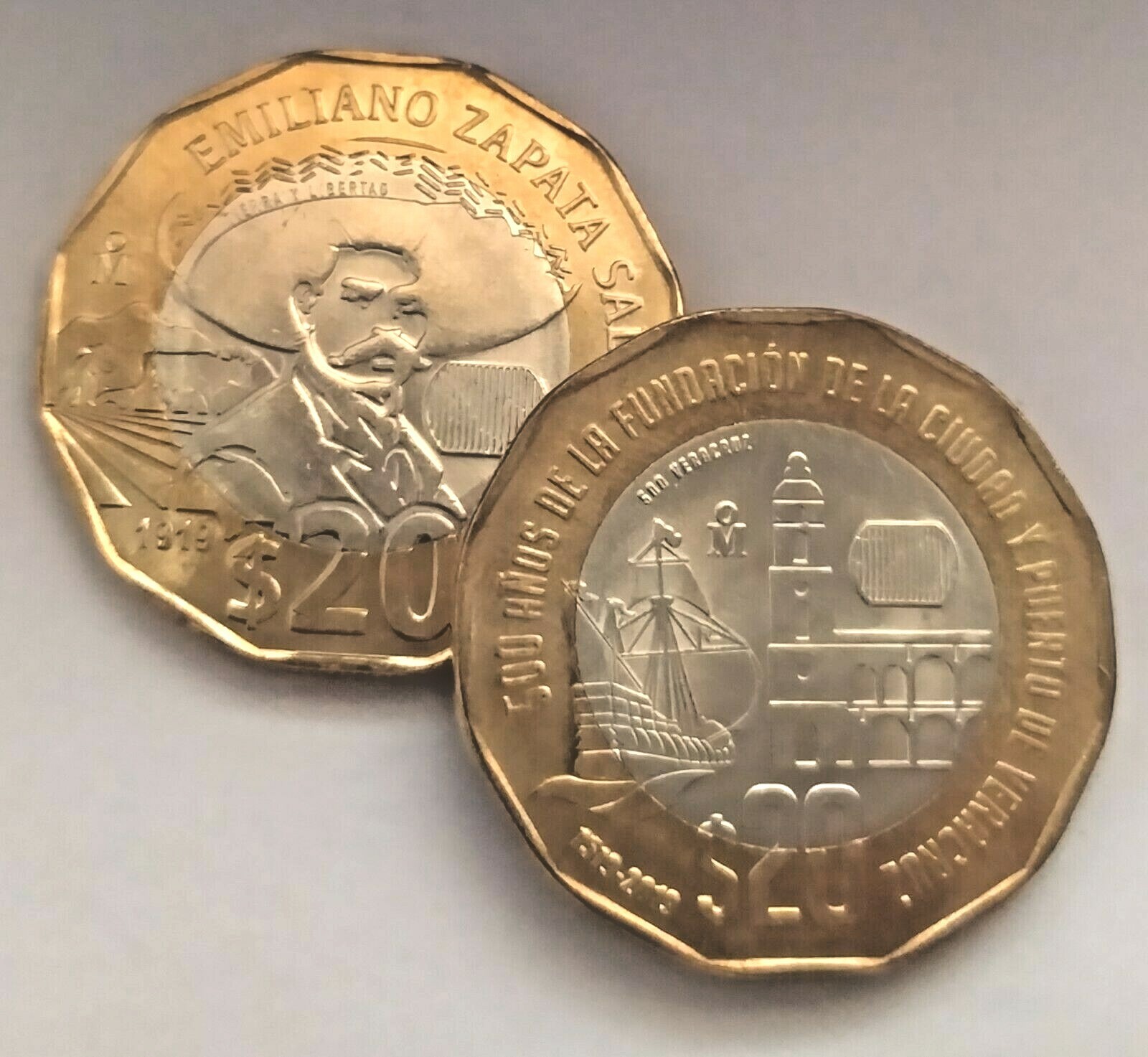 Monedas Conmemorativa $20 pesos E. Zapata y  500 años Puerto de Veracruz Mexico