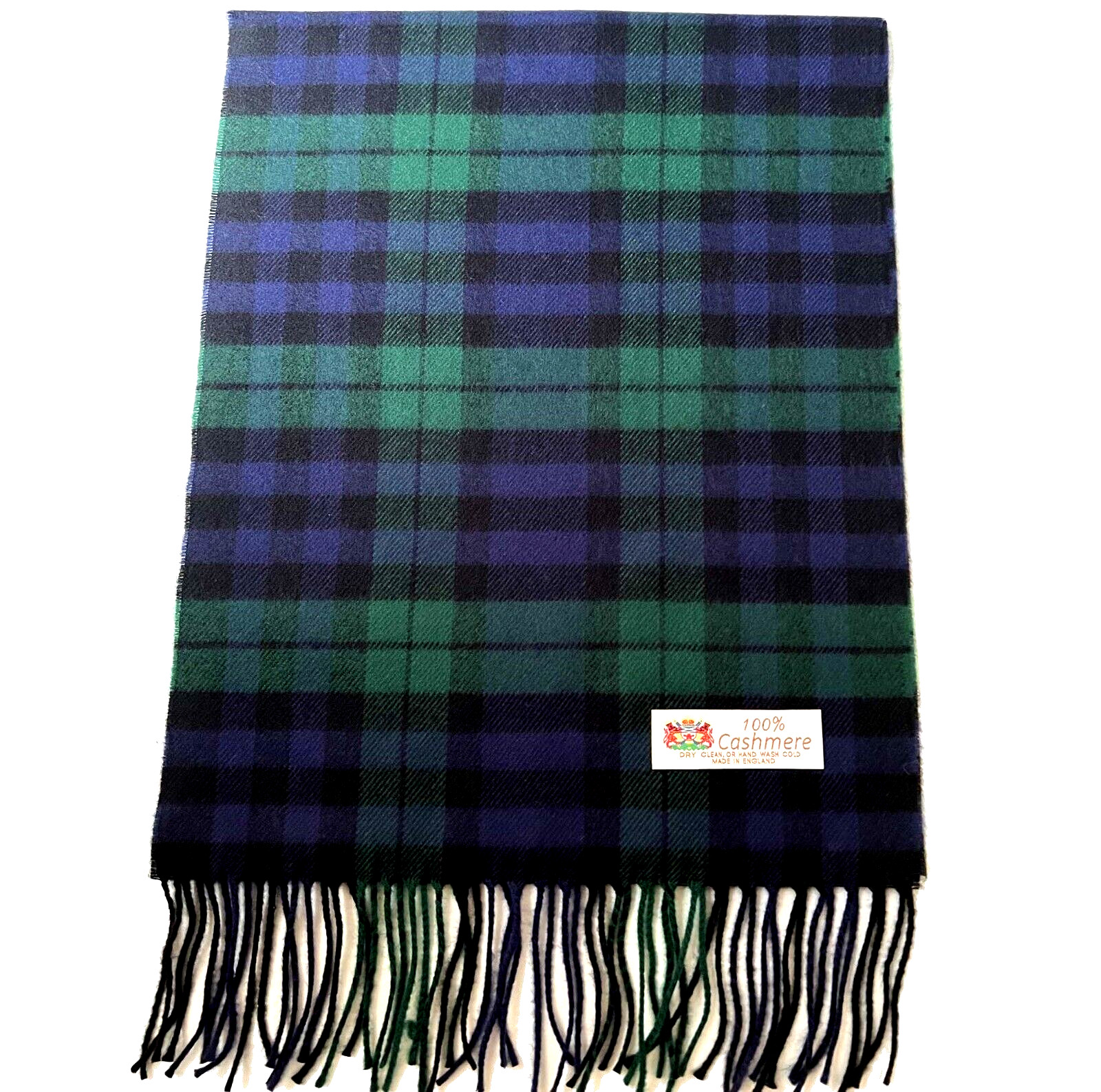 100% CASHMERE SCARF Made in England Soft Wool Wrap Plaid Green/Black/Navy #C01