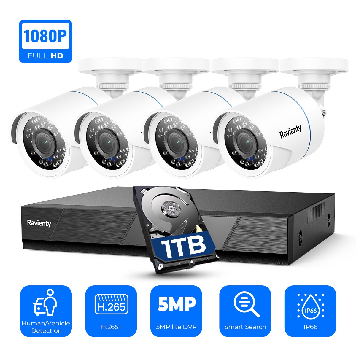 Ravienty 8CH DVR 1080P Video CCTV Home Security Camera System AI Detection 1TB