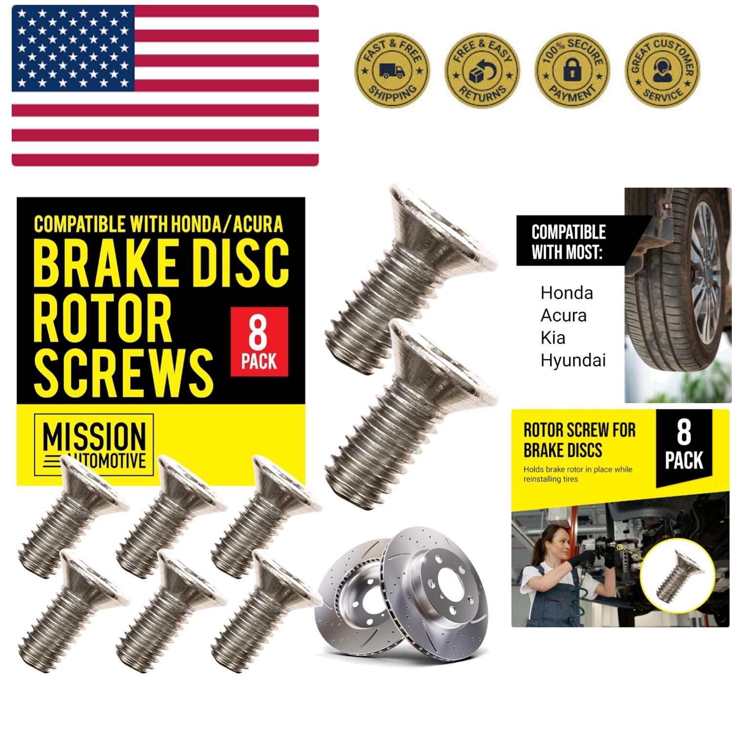 8-Pack of Rotor Screws for Brake Discs Compatible with Honda, Acura, Hyundai ...