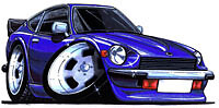 Datsun 240z 260z 280z Cartoon car t-shirt - Blue Z-Car image on white shirt