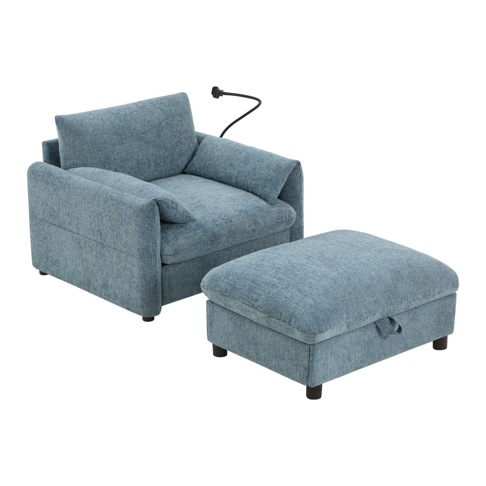37" Cloud Chaise Sofa w/ Storage Ottoman, Charger & Phone Holder, Blue