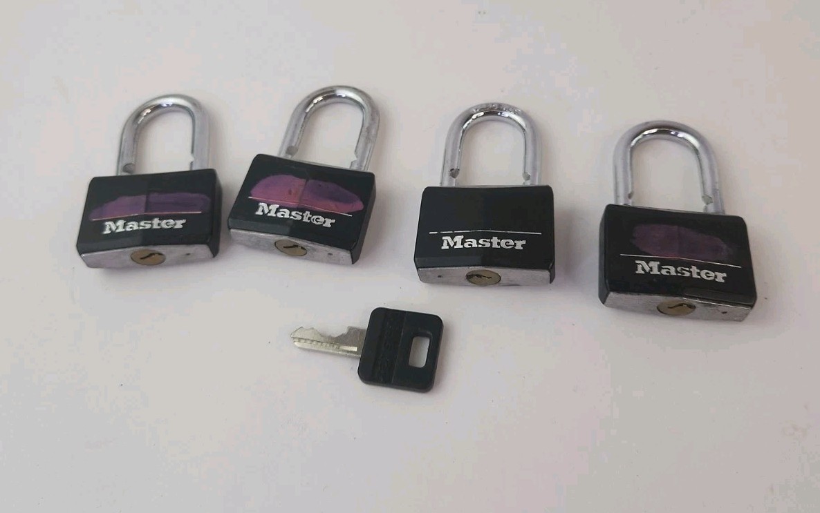 Master Lock Keyed Padlock Black for outdoors three locks One Key Opens All Set 4