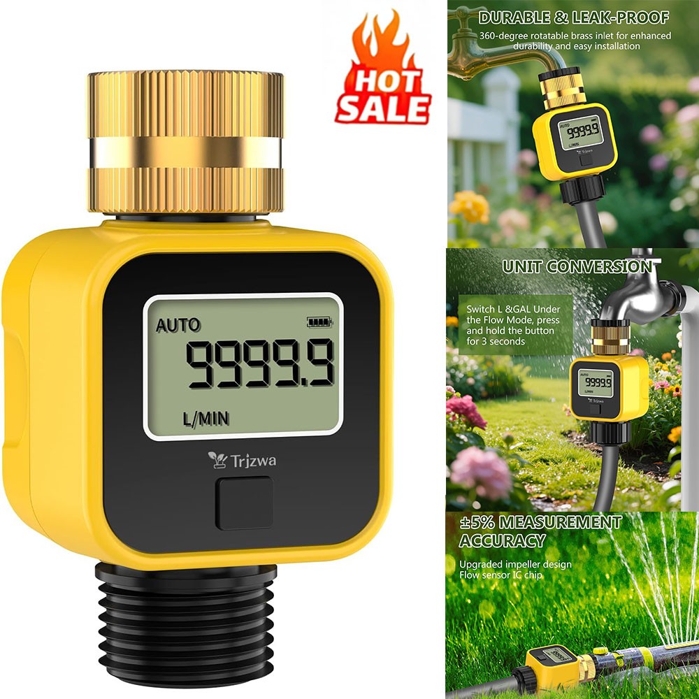 Water Flow Meter Brass Inlet Garden Hose LCD Gallon Liter Consumption Meter