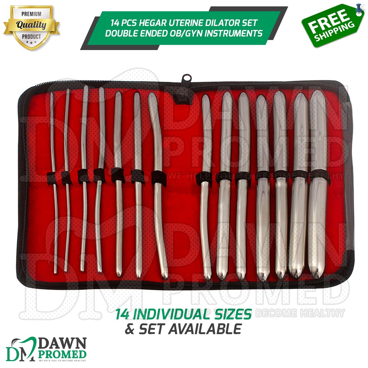 14 Pcs Hegar Uterine Dilator Set Double Ended OB/GYN Instruments German Grade
