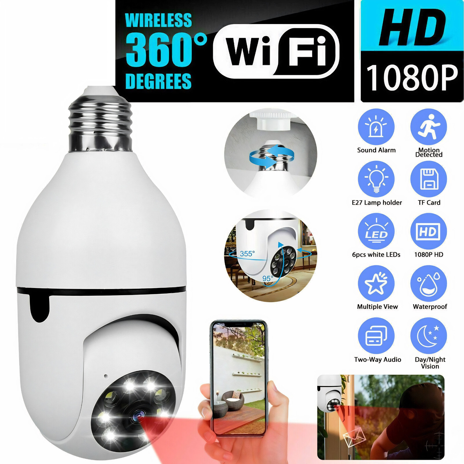 1080P Light Bulb Security Camera WiFi 360° PTZ Two Way Audio Night Vision V380