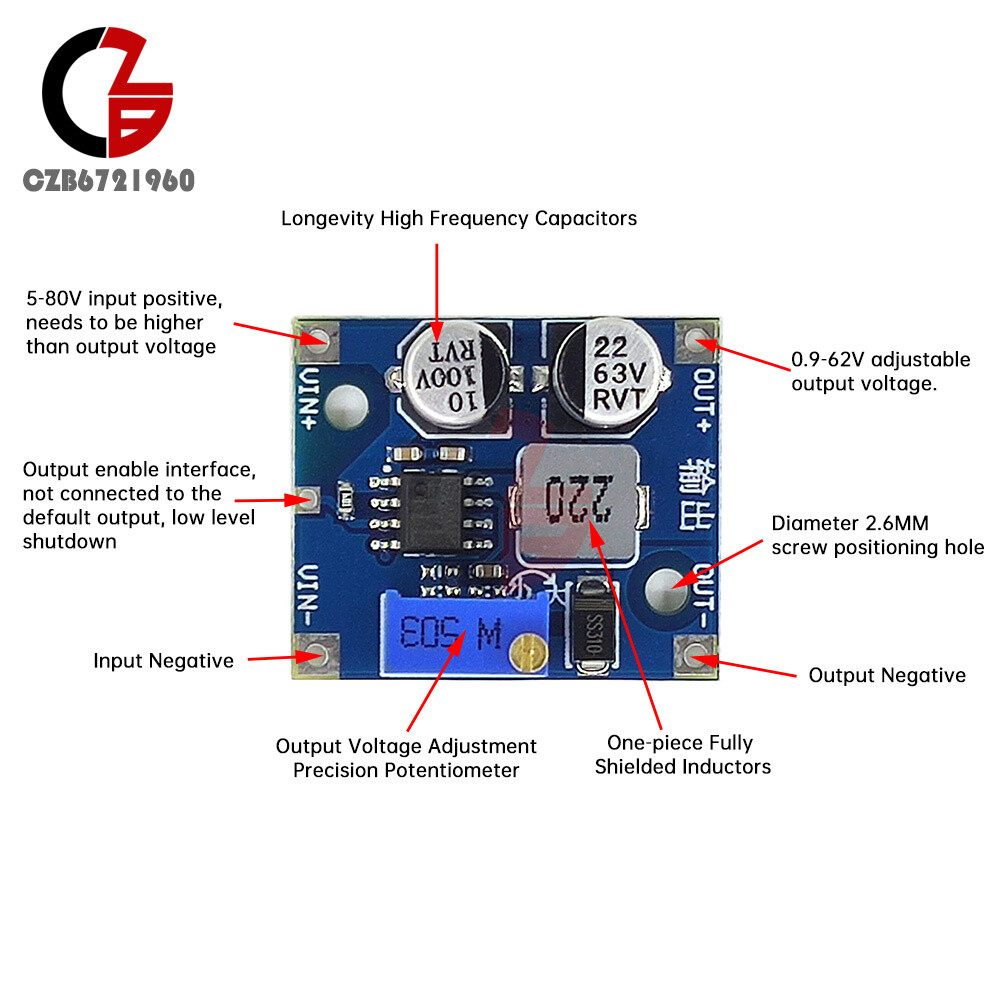Mini DC-DC Step-Down Power Module Buck Converter 5-80V to1-62V Adjustable 1.5A