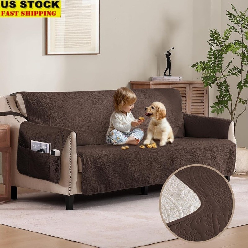 Water Repellent Anti-Slip Large Sofa Cover Quilted Protector W/ Storage Pockets