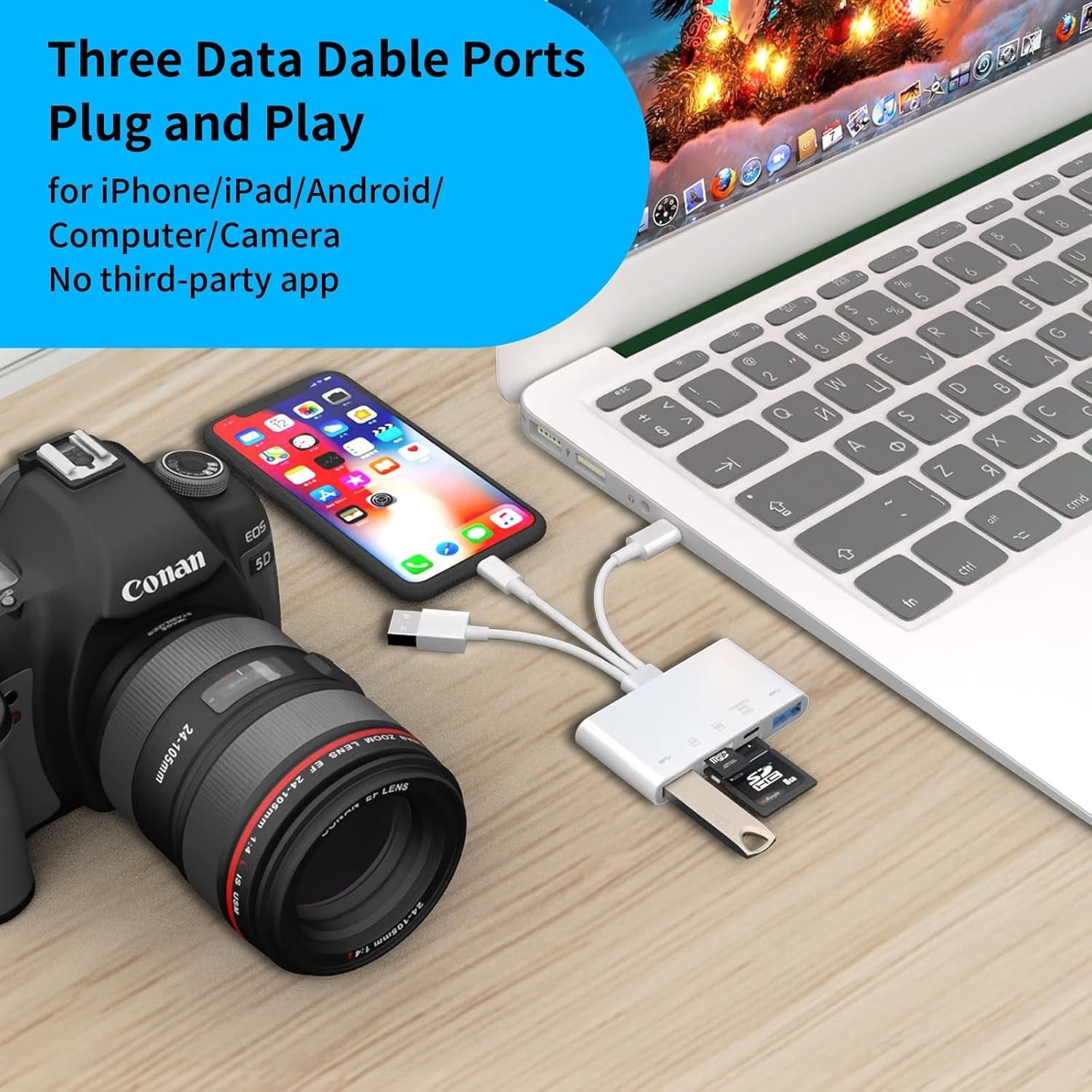 High-Speed 5-in-1 SD Card Reader for iPhone with Simultaneous Charging