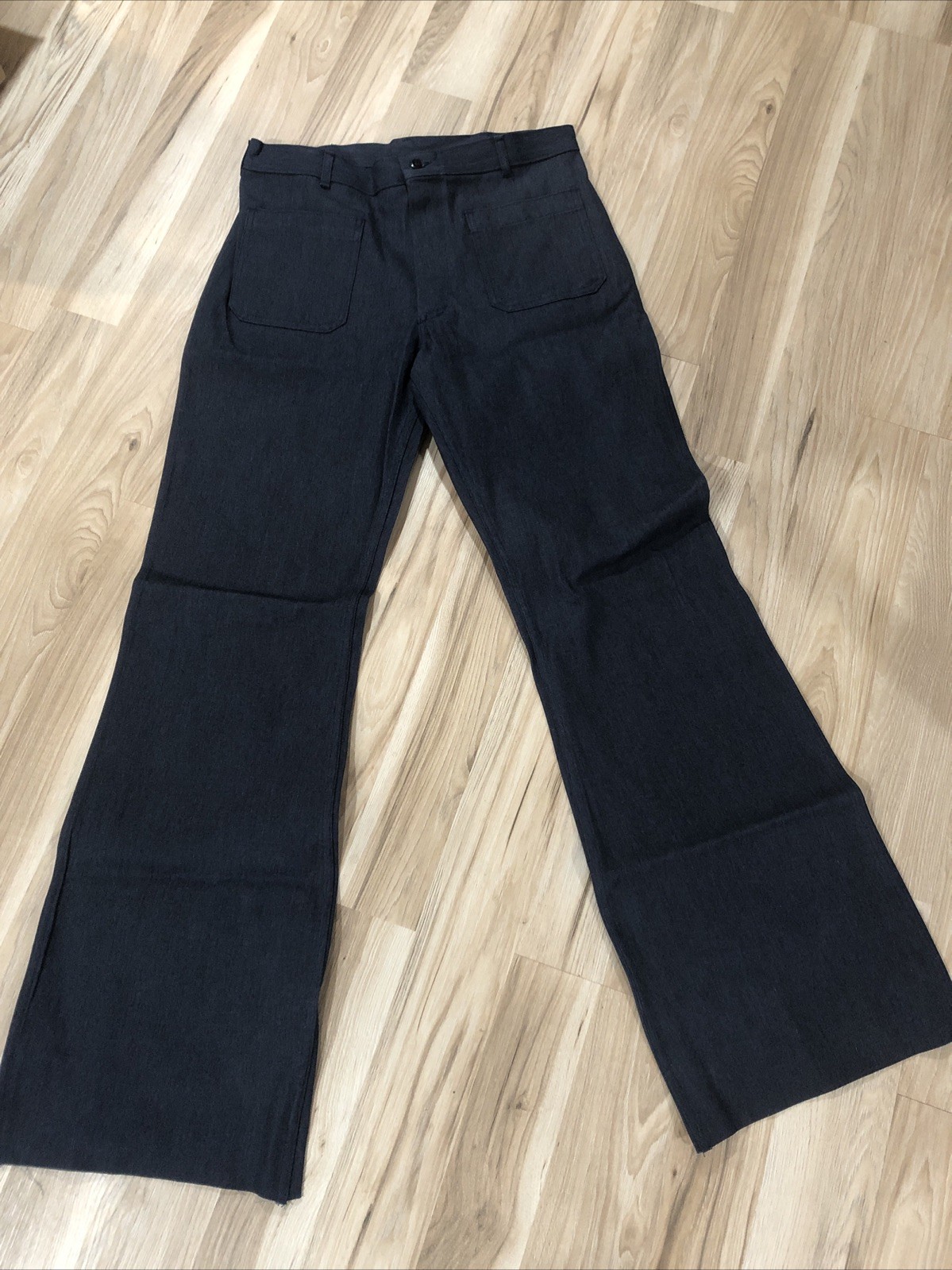 New Vintage 1980’s Navy Raw Denim Utility Sailor Pants Bell Bottom Tags 35 R