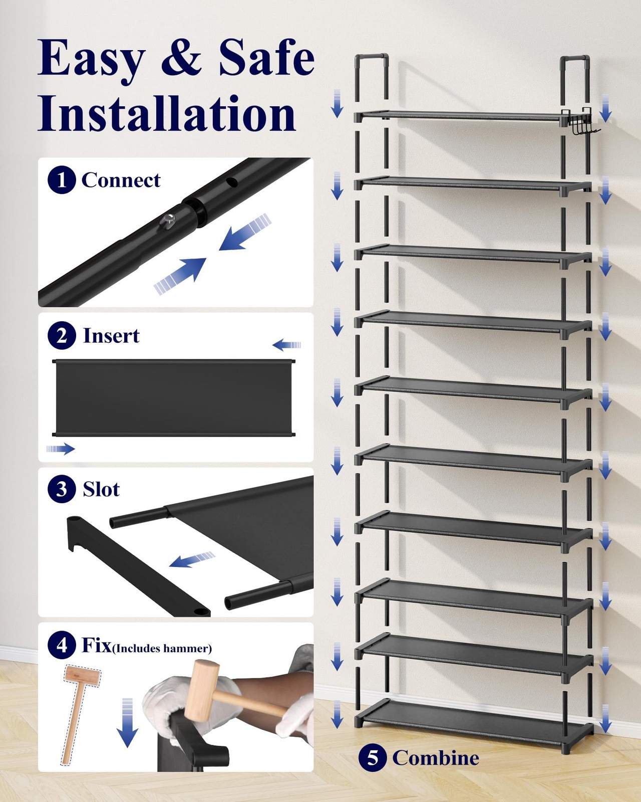 Shoe Rack for Closet 10Tier Shoe Organizer with Hook Rack, LargeCapacity & S...