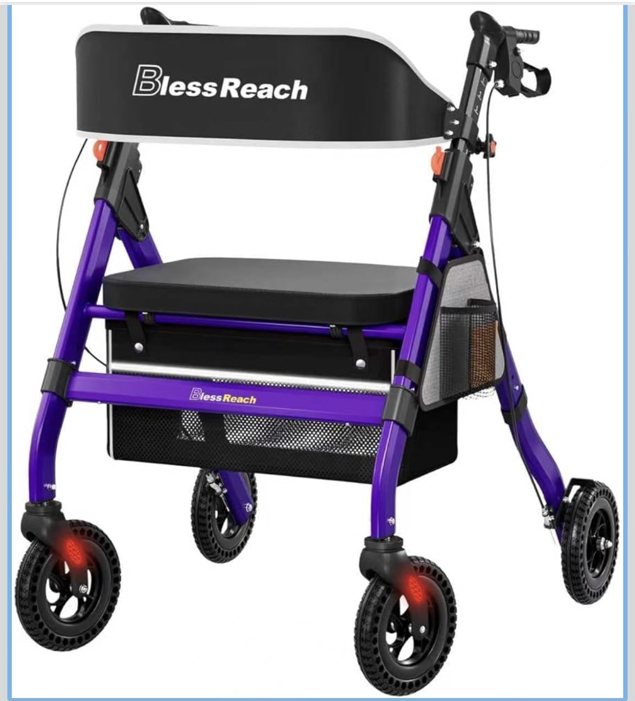 BlessReach Heavy-Duty Aluminum Rollator Walker Foldable 450lb Capacity 8" Wheels