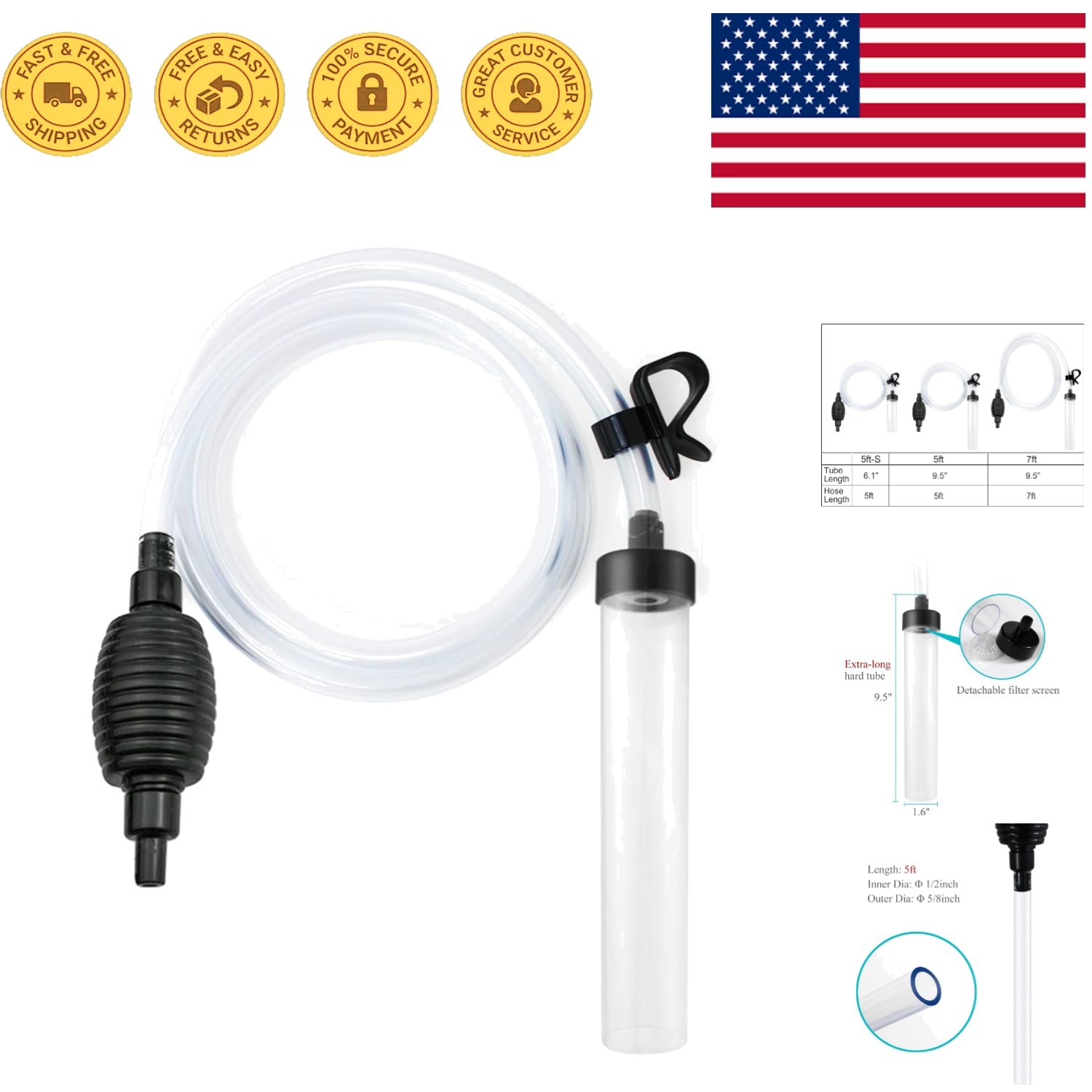 Efficient 5ft Aquarium Siphon with Gravel Tube - Hassle-free Tank Cleaning