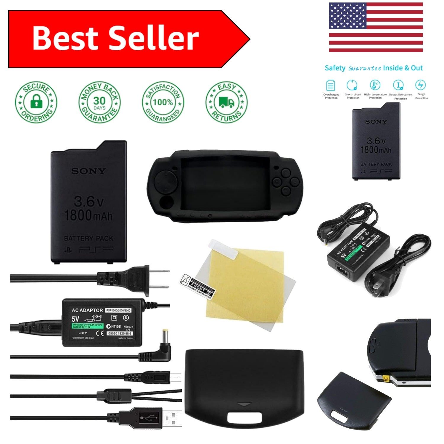Rechargeable 3.6V PSP Battery with Charger Kit & Back Cover for PSP 1000 Series