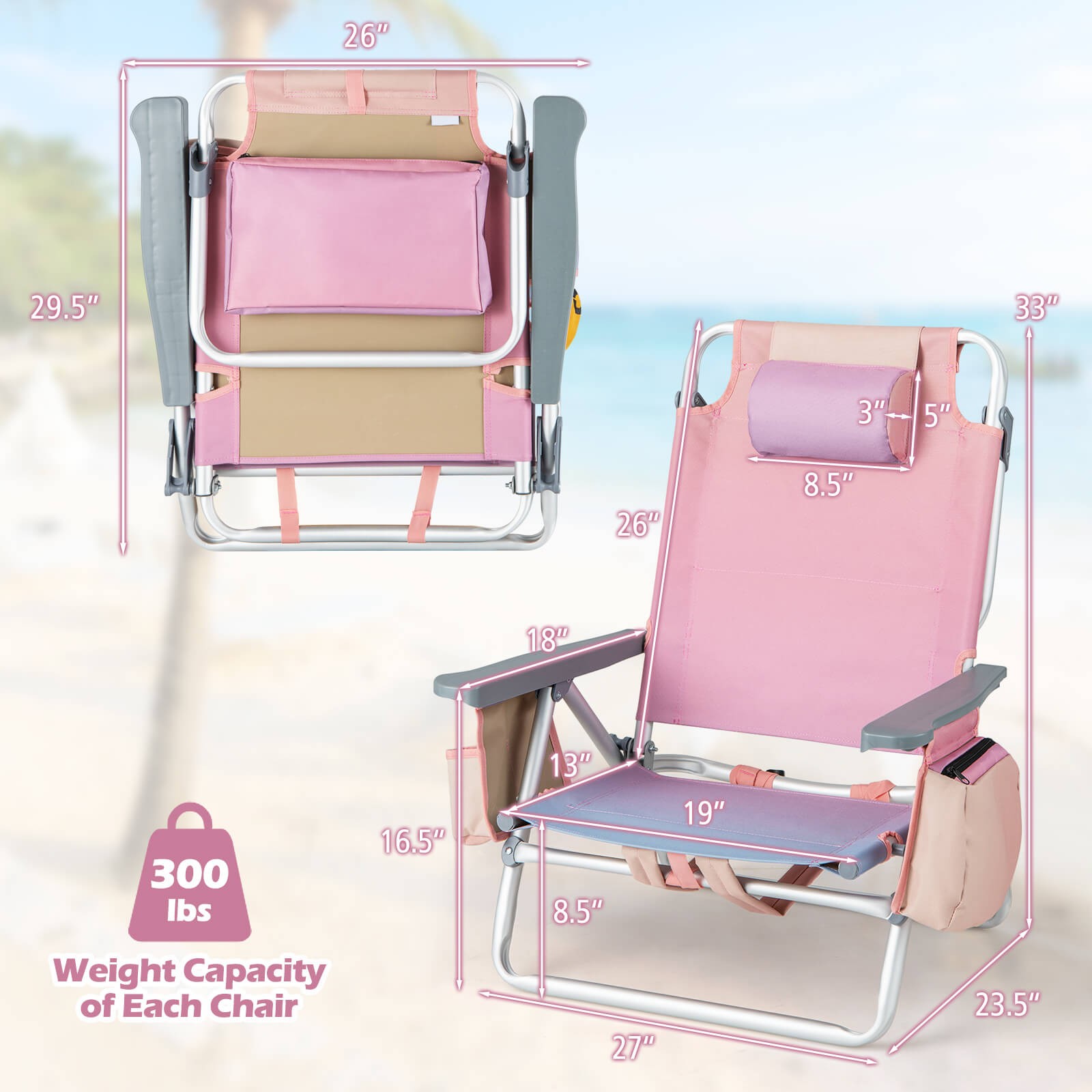 2-Pack Folding Backpack Beach Chair 5-Position Outdoor Reclining Chairs w/Pillow