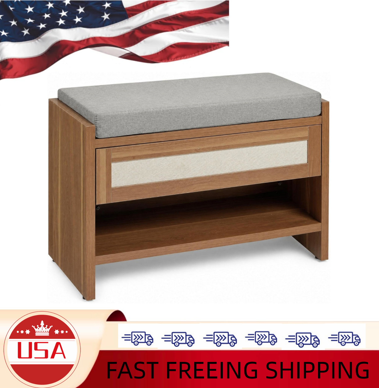 GarveeHome 31" Rattan Entryway Shoe Bench with Storage Drawer & Padded Linen Sea