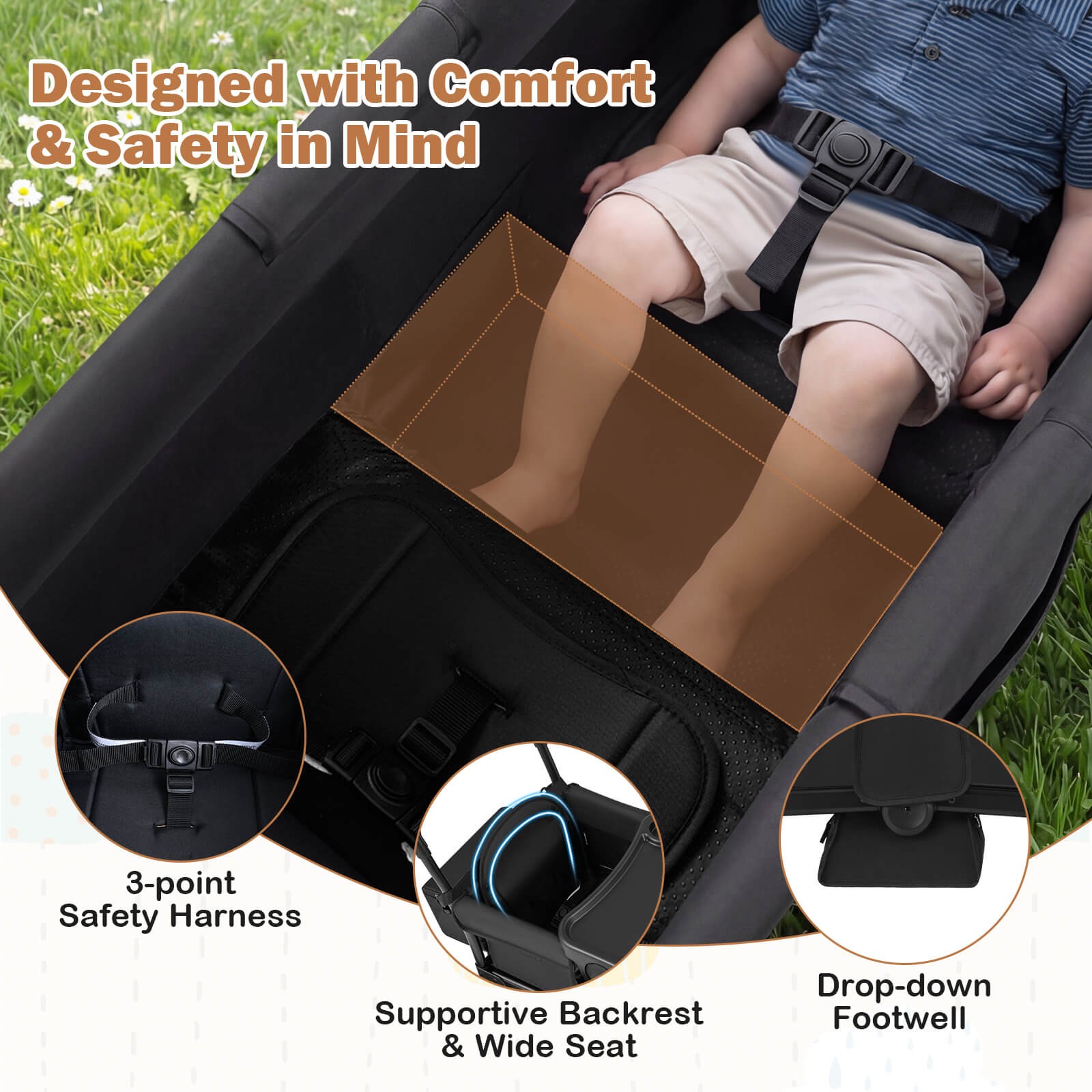 Foldable Wagon Stroller for 2 Kids, Double Seater Toddler Stroller w/ Canopy
