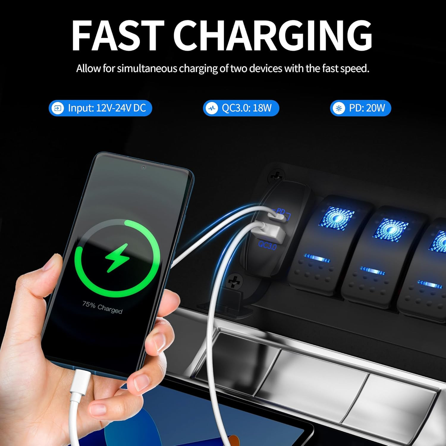 USB Rocker Switch 12V Waterproof USB C & QC 3.0 Dual Ports Outlet PD Charger Soc