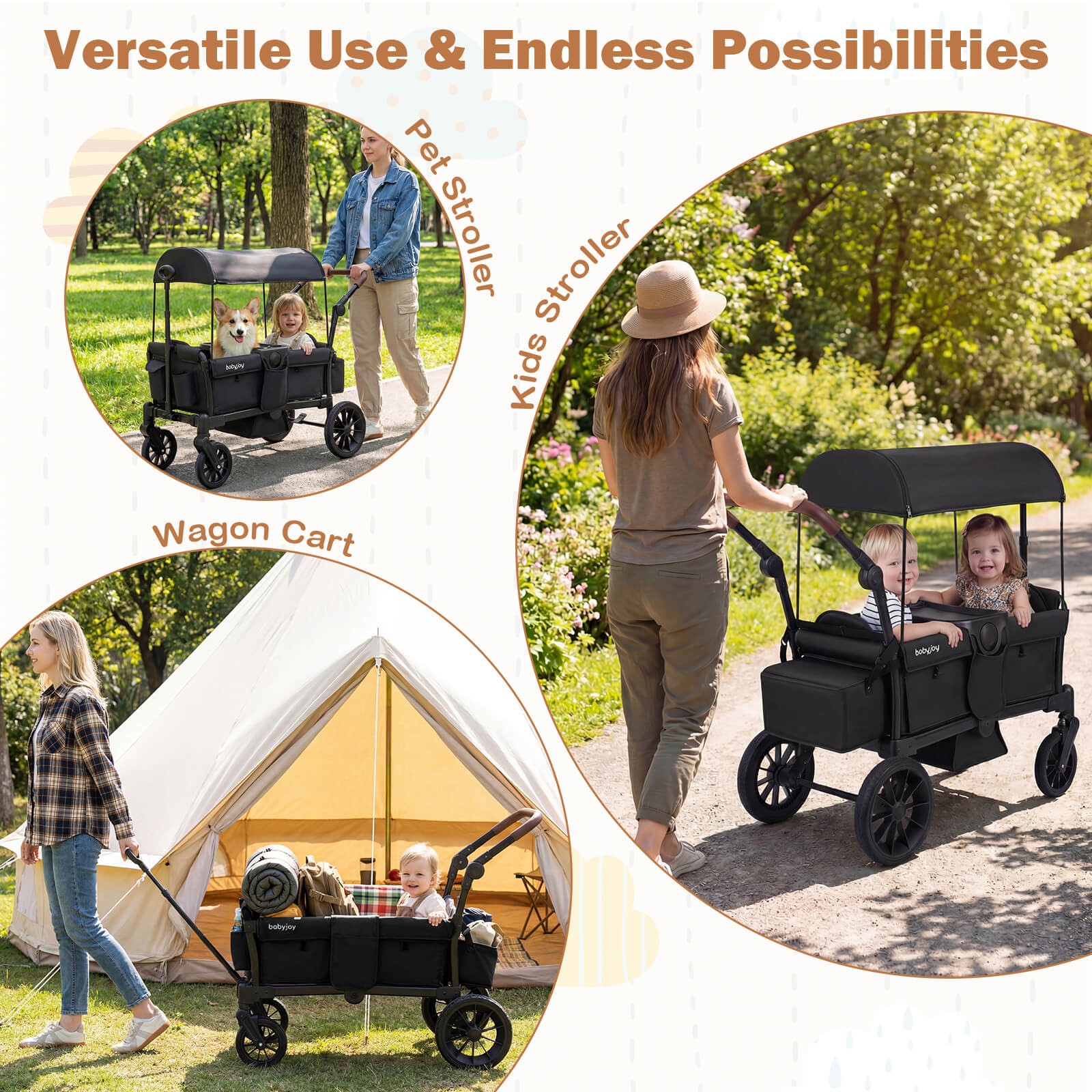 Foldable Wagon Stroller for 2 Kids, Double Seater Toddler Stroller w/ Canopy
