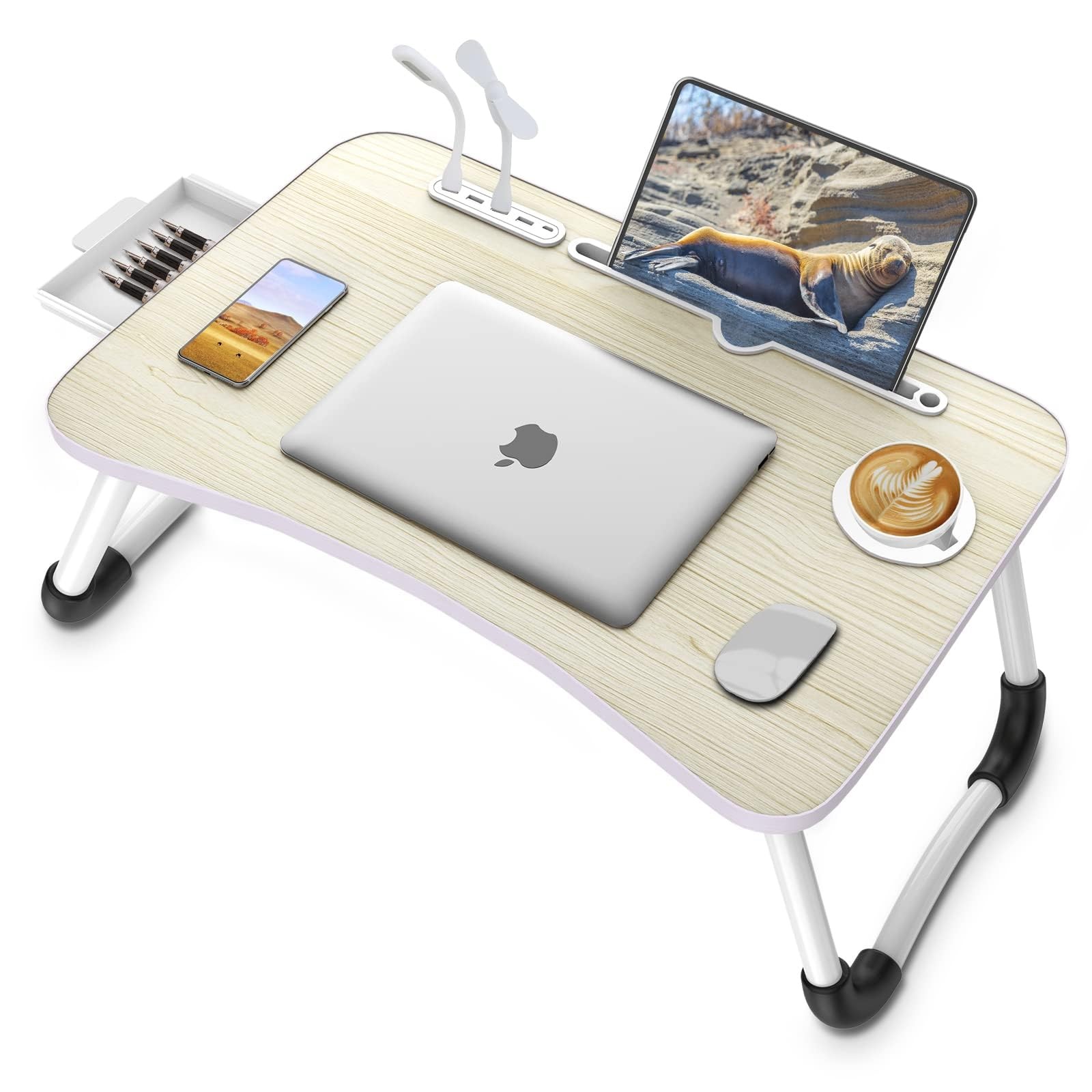Foldable Laptop Lap Desk with 4 USB Ports Storage Drawer and Cup Holder Portable