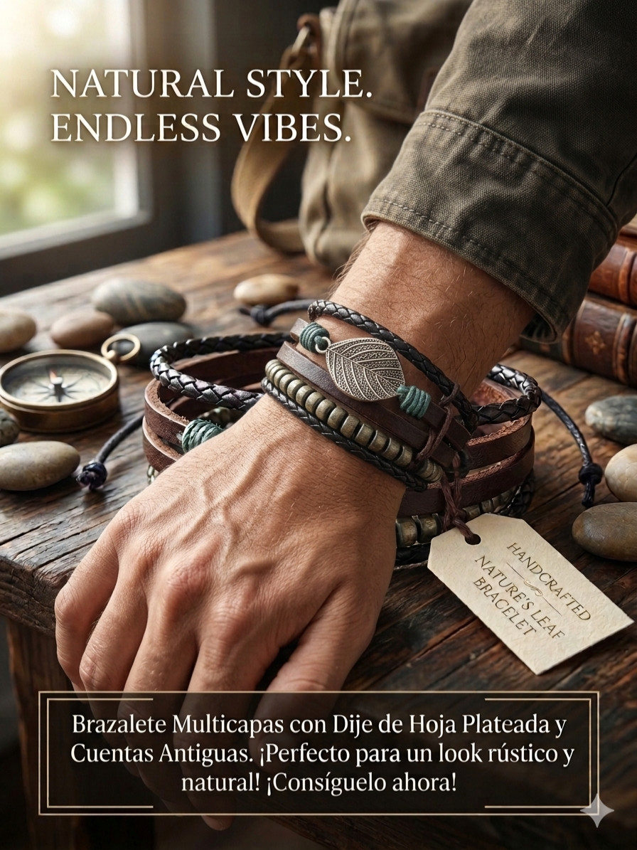 Multi-Layer Leather Bracelet with Leaf Charm Add a unique and natural touch to y