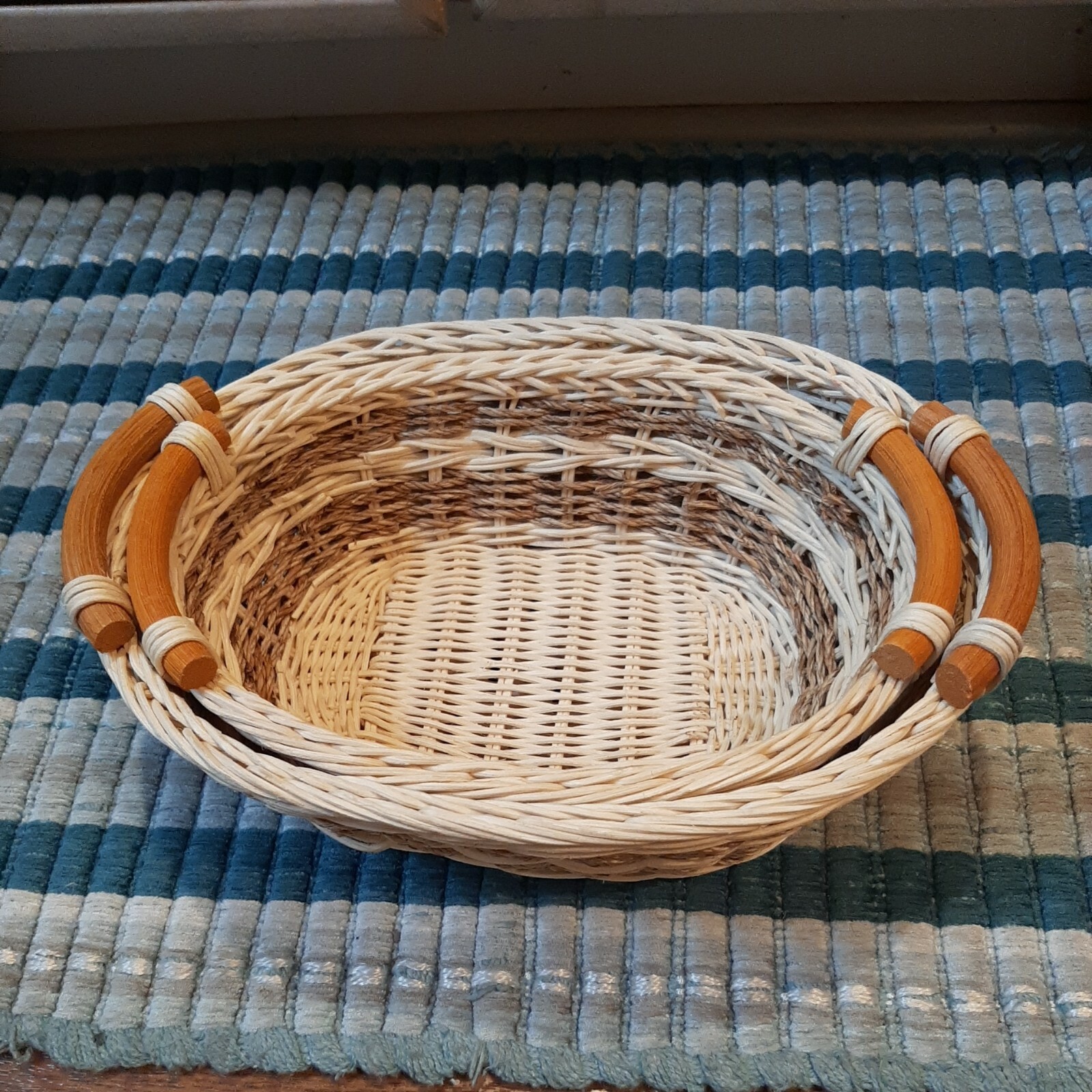 2 Oval Wicker Serving Baskets Wood Handles