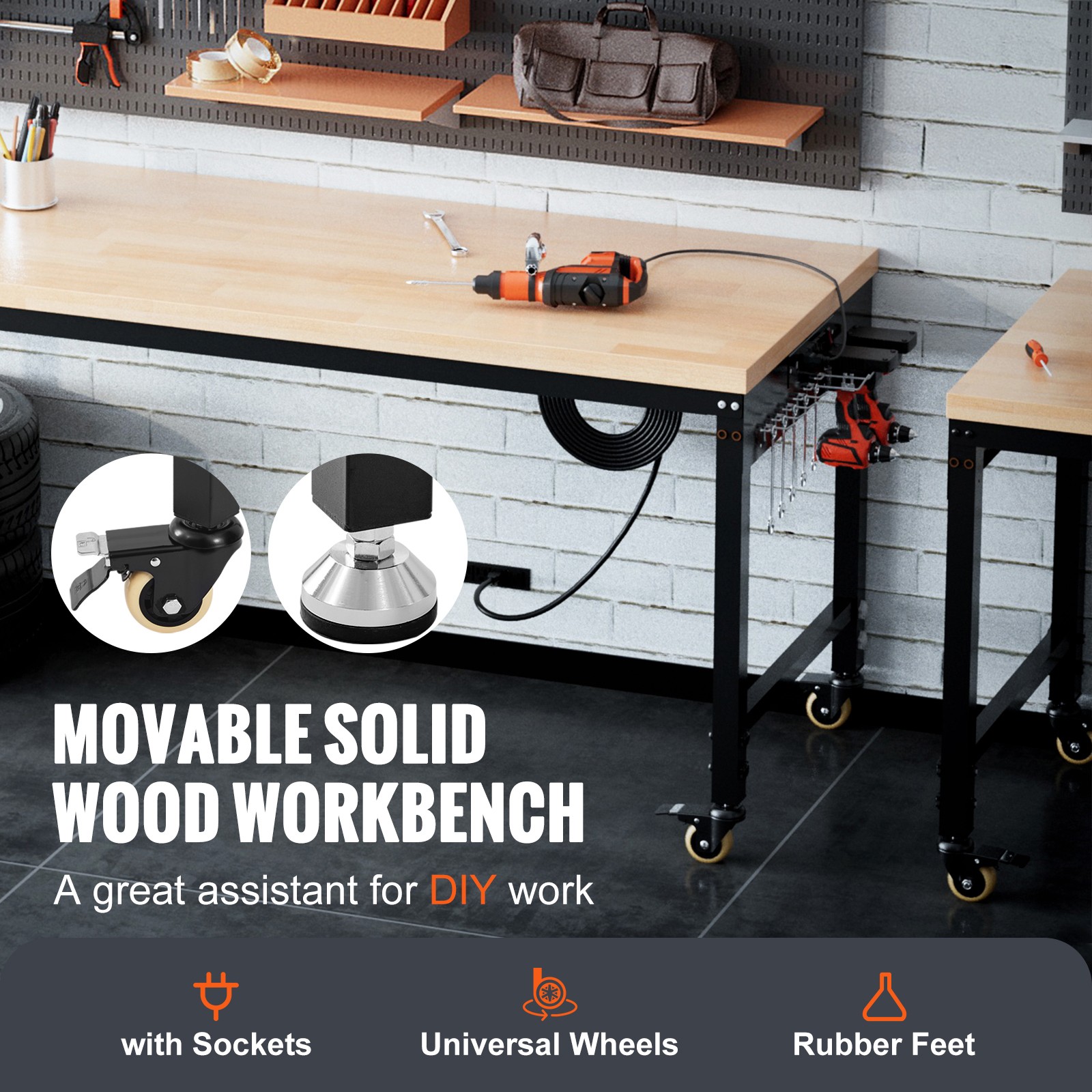 Uimoso Adjustable Height Workbench 72"L x 25"W Work Bench Table w/ Power Outlets