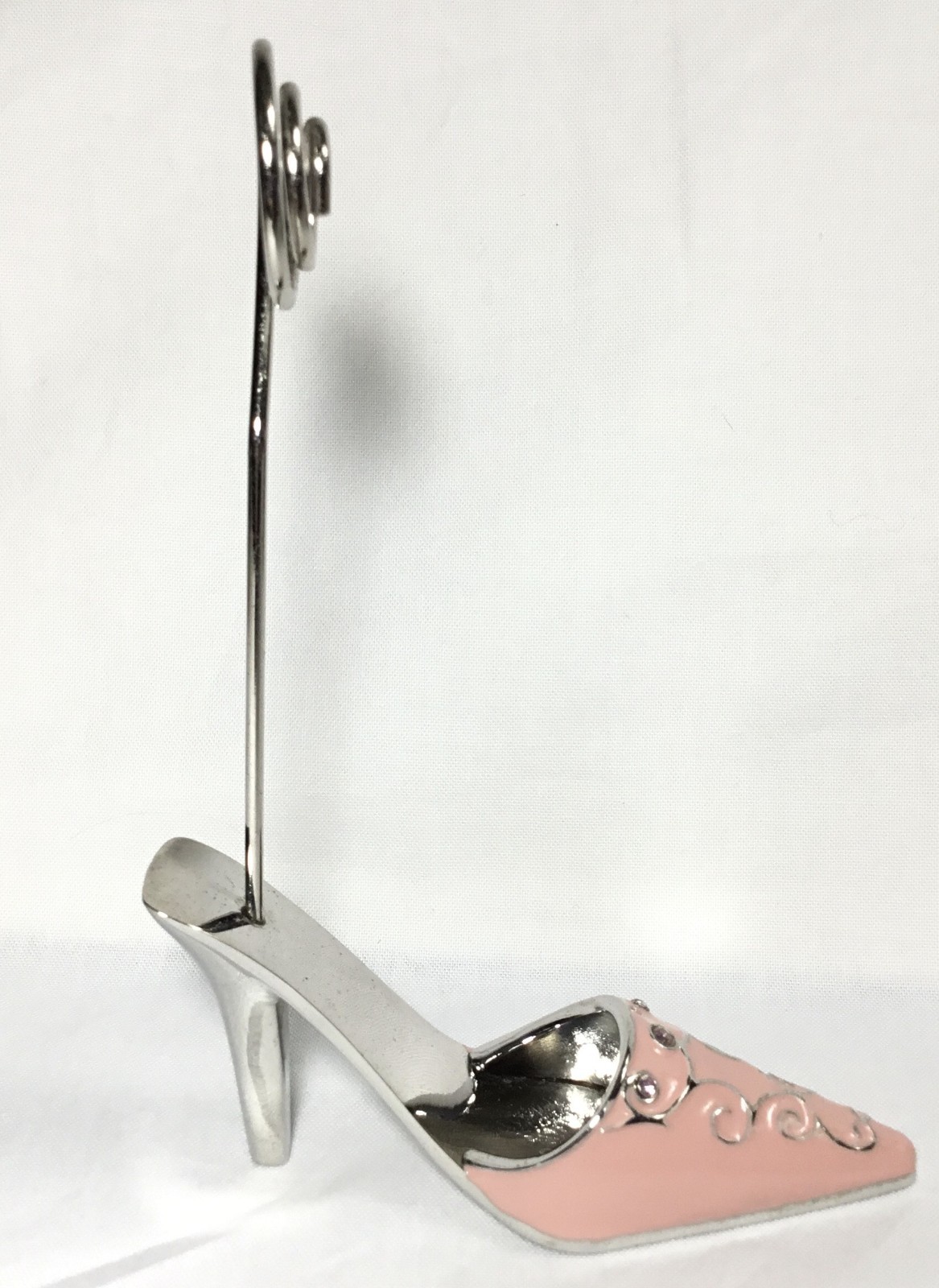 Place card, note, photo holder, pink enameled high-heel shoe, silvertone metal