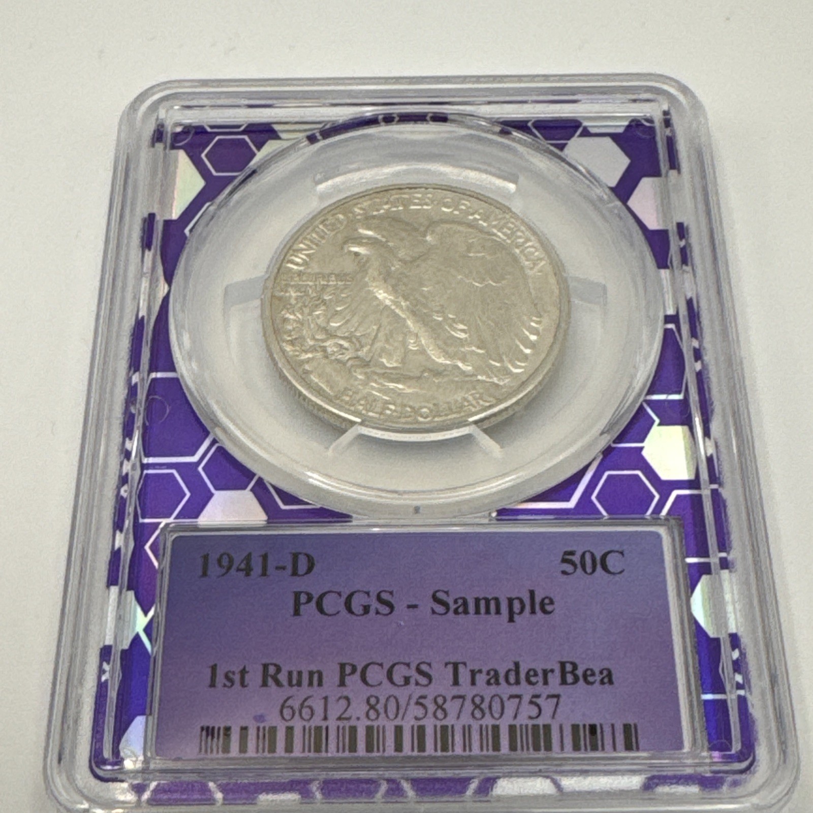 1941 D WALKING LIBERTY PCGS SAMPLE LABEL BERT PURPLE CORE 90% SILVER -1st RUN