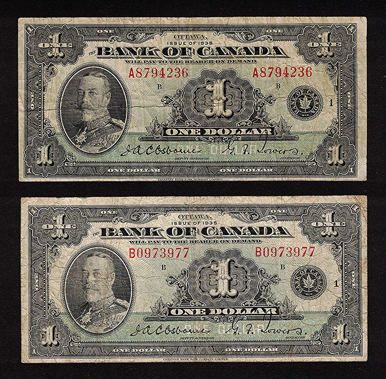 1935 ENGLISH $1.00 BC-1 Series A/B Set KEY 1st Small George V Canada One Dollars
