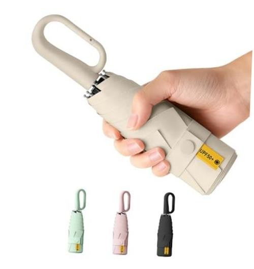 Compact Travel Umbrella with Carabiner Ring Handle, Windproof 5-Fold Beige