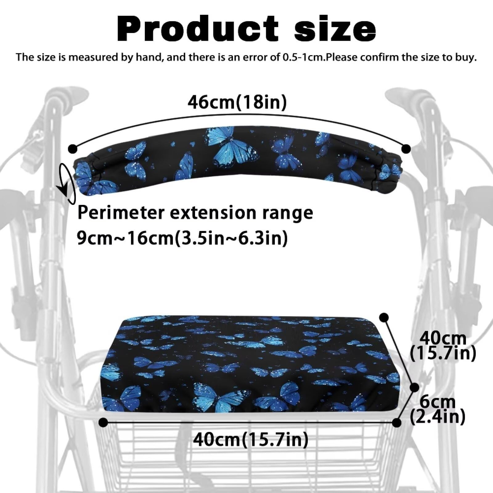 Blue Butterfly Rollator Seat Cushion Back Bar Cover Set Rollator Walker Acces...