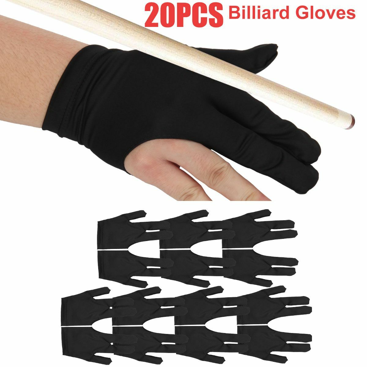 20Pcs 3 Fingers Billiard Cue Pool Gloves Snooker Left Hand Nylon Accessories US