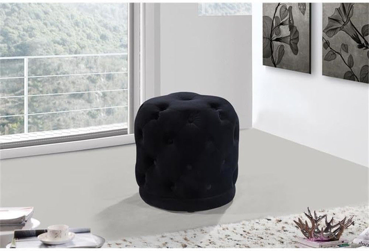 Modern Velvet Upholstered Ottoman with Deep Button Tufting, Black 18" x 18