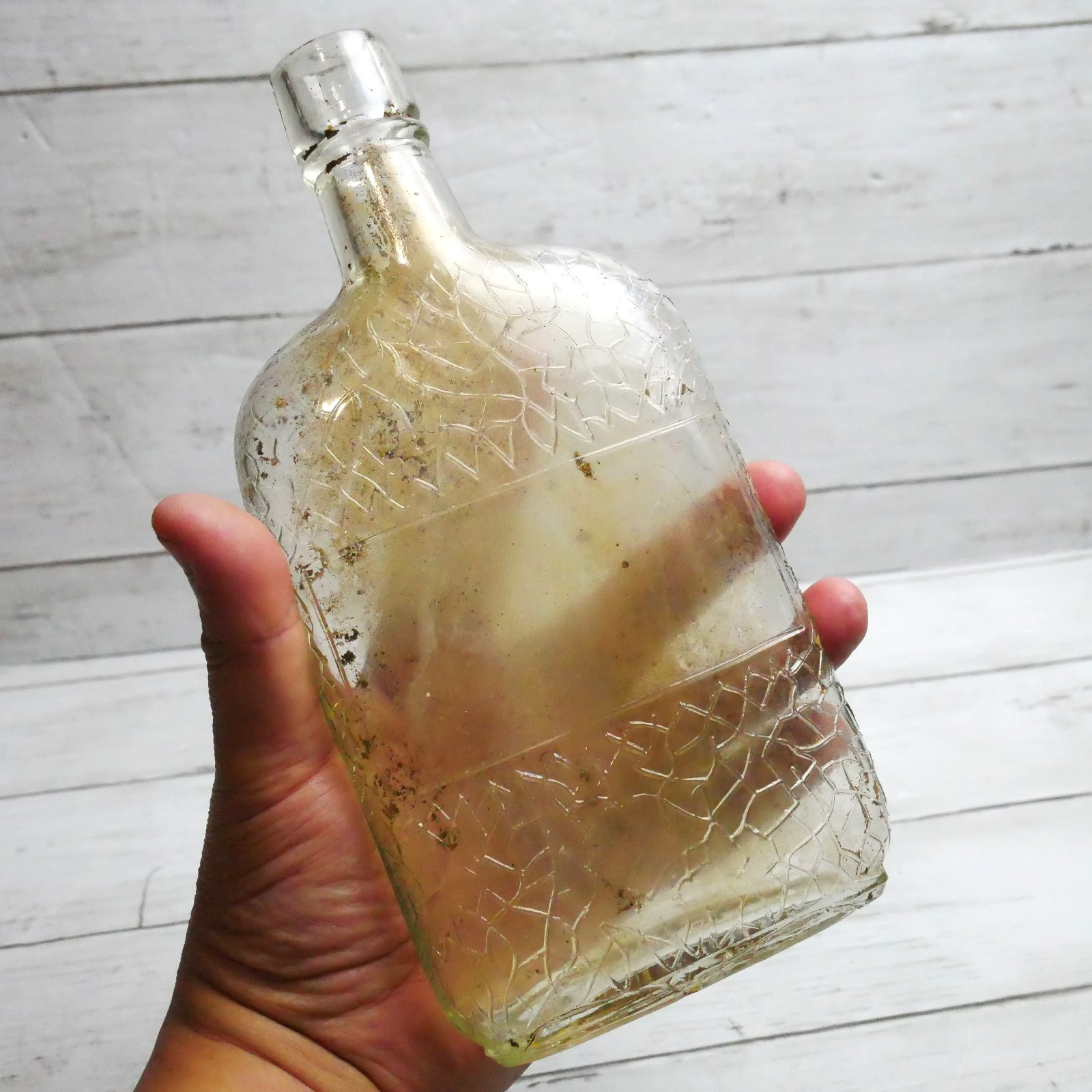 Vintage Empty Glass Liquor Textured Embossed Bottle Cork Top 8" Tall