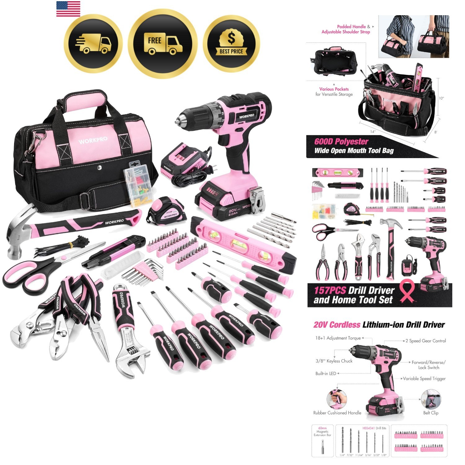 Pink Tool Kit with Drill, Tool Set with 20V Cordless Lithium-ion Drill Driver...