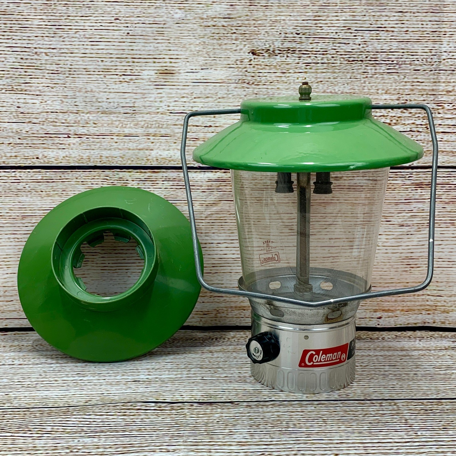 Vintage Coleman Propane Lantern Camping Lantern Green Top Pyrex Glass USA Made