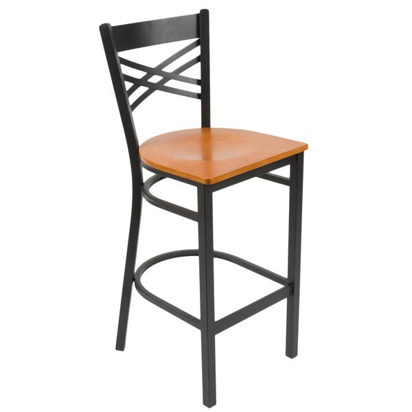 Black Cross Back Metal Restaurant Bar Stool With Cherry Wood Seat