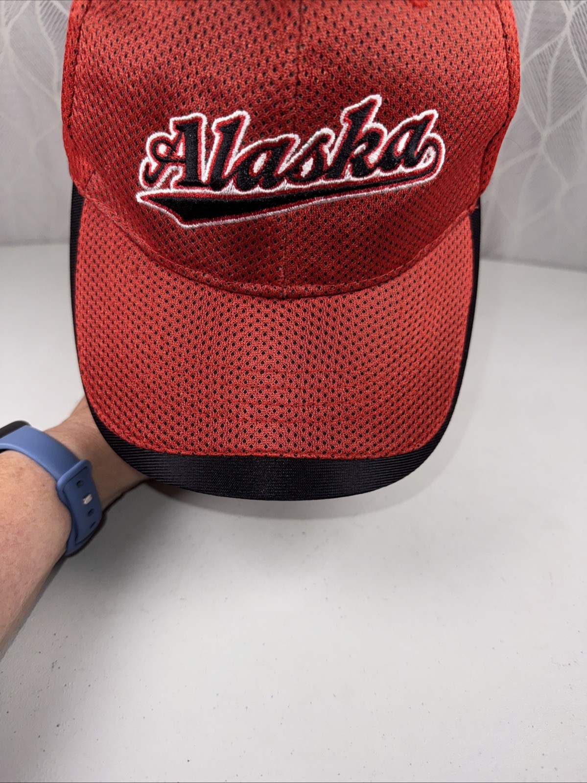 ALASKA in Script on Red w Black Accented Hat Cap Vented Fabric Hook Loop